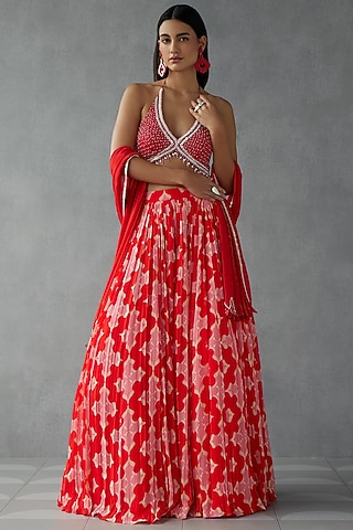 Red Crepe Georgette Digital Printed Lehenga Set by Zamoraa The Label
