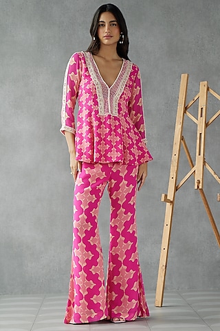 Pink Georgette Embroidered & Printed Kurta Set by Zamoraa The Label
