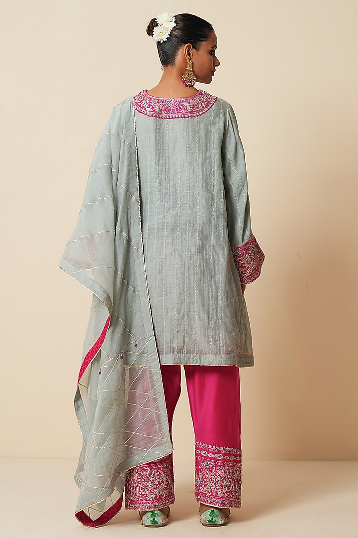 Grey & Fuchsia Pink Premium Mul Chanderi Embroidered Kurta Set by Zari Dorie at Pernia's Pop Up Shop