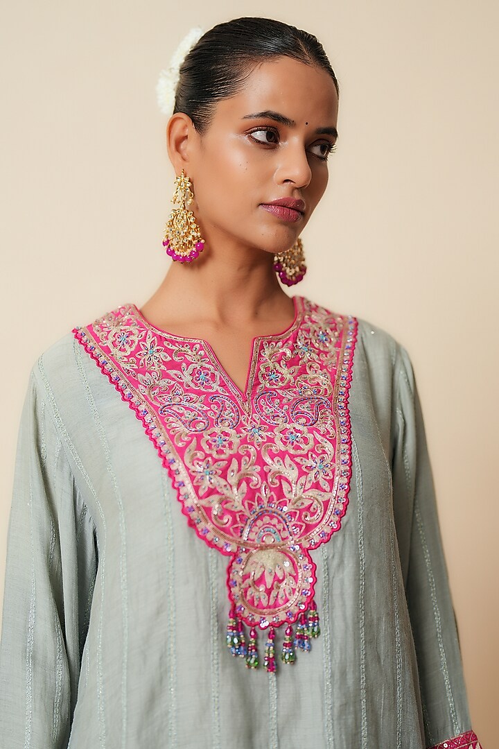 Grey & Fuchsia Pink Premium Mul Chanderi Embroidered Kurta Set by Zari Dorie at Pernia's Pop Up Shop