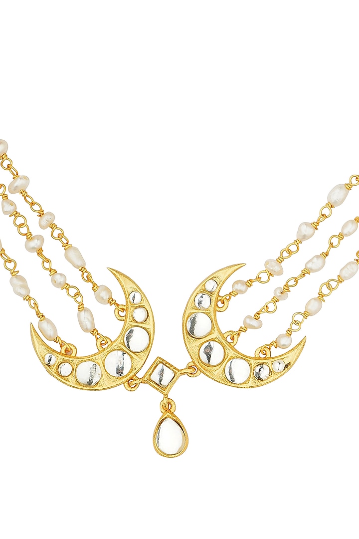 Gold Plated Mirror Polki Motifs & Freshwater Pearl Choker Necklace by Zariin at Pernia's Pop Up Shop