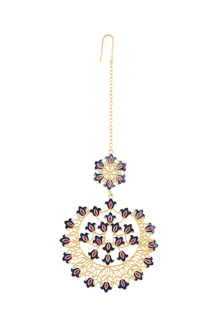 Gold Polish Floral Enameled Maangtika by Zariin at Pernia's Pop Up Shop