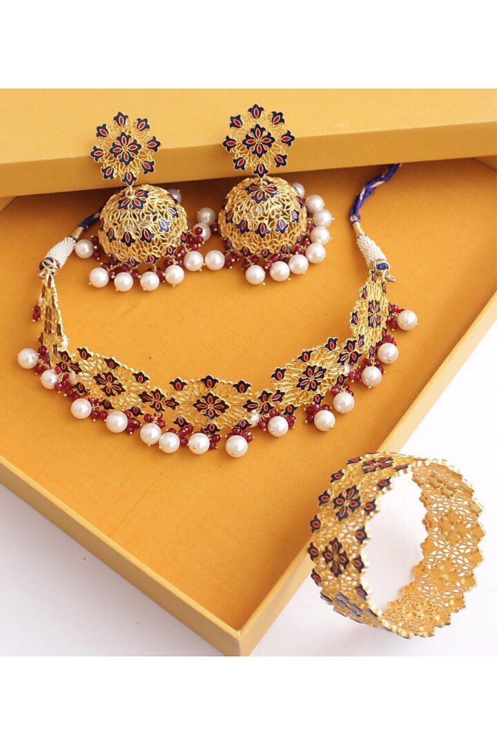 Gold Plated Meenakari Pearl Choker Necklace Set In Gift Box by Zariin at Pernia's Pop Up Shop