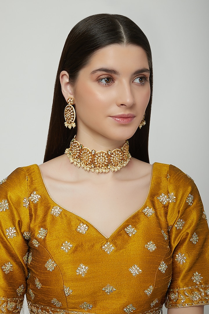 Gold Plated Pearl Choker Necklace Set by Zevar by Geeta