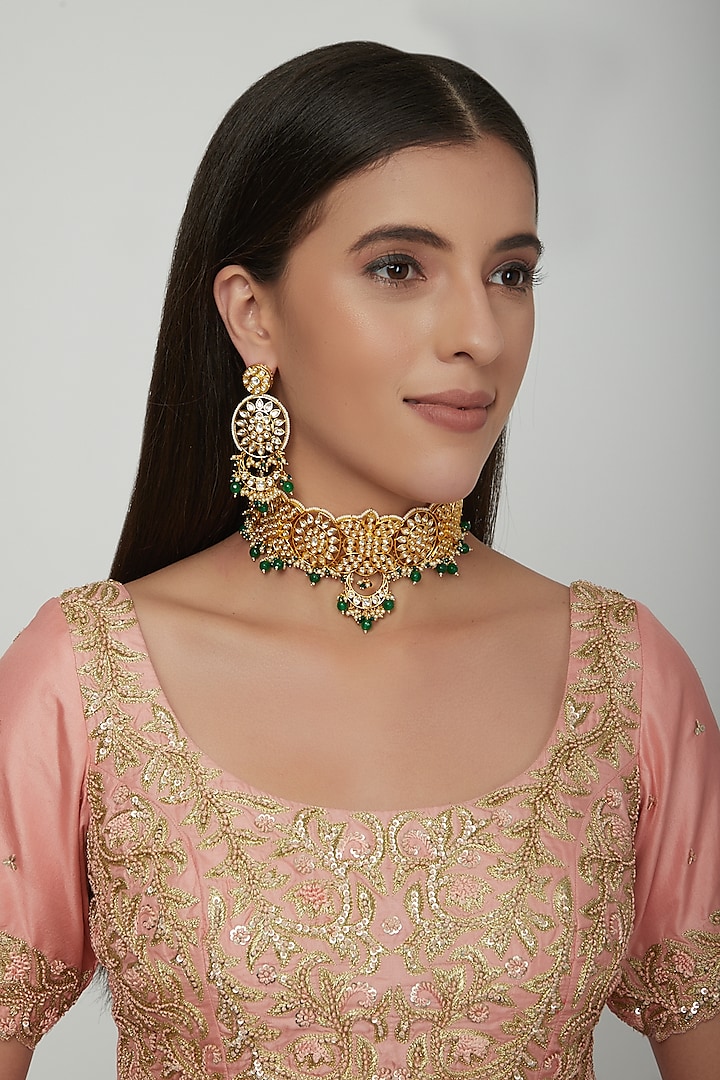 Gold Plated Green Stone Choker Necklace Set by Zevar by Geeta
