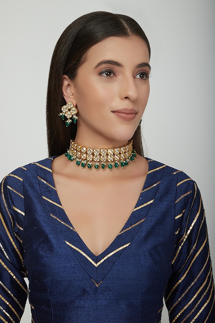 Gold Plated Kundan Necklace Set by Zevar by Geeta