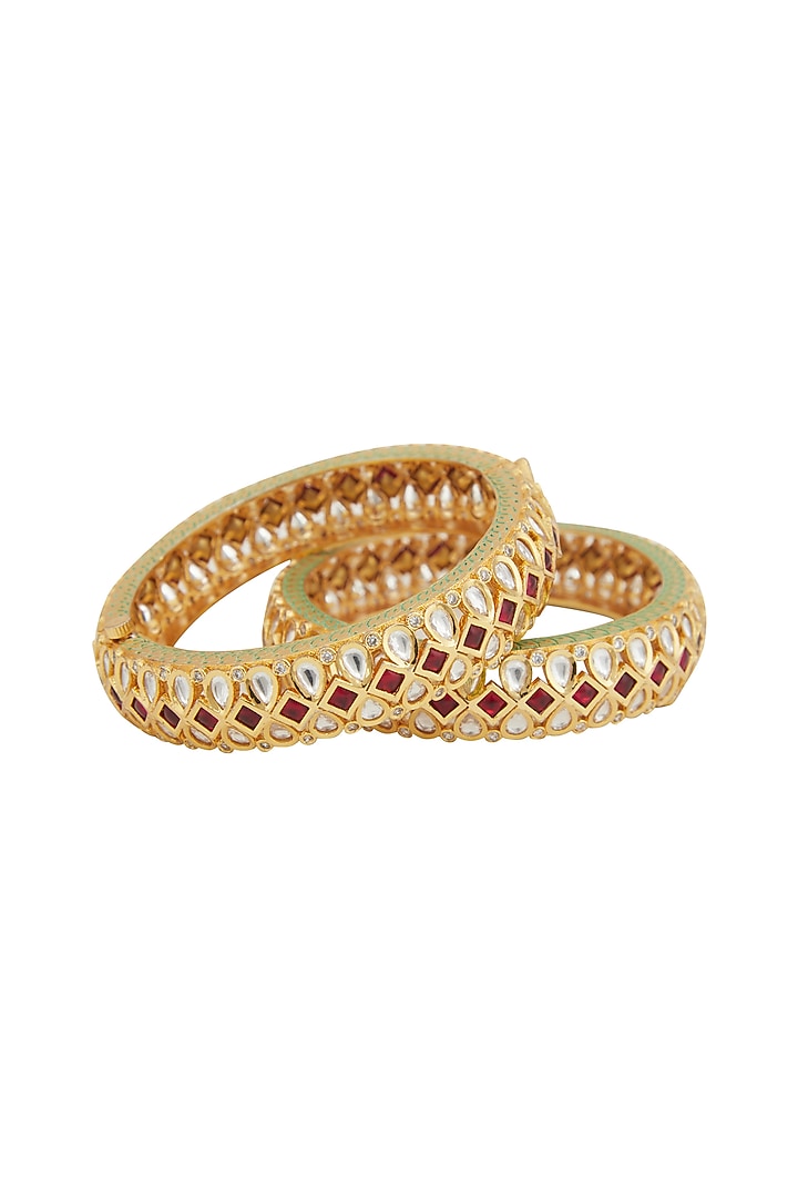 Gold Plated Kundan Polki & Ruby Kadas (Set Of 2) by Zevar by Geeta at Pernia's Pop Up Shop