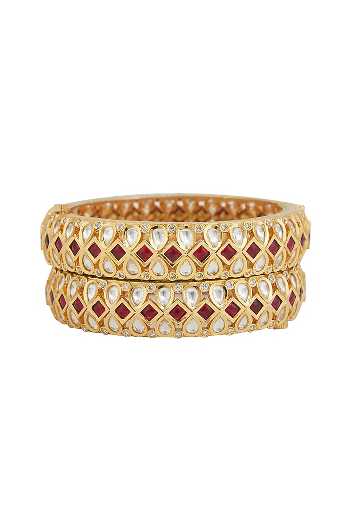 Gold Plated Kundan Polki & Ruby Kadas (Set Of 2) by Zevar by Geeta at Pernia's Pop Up Shop