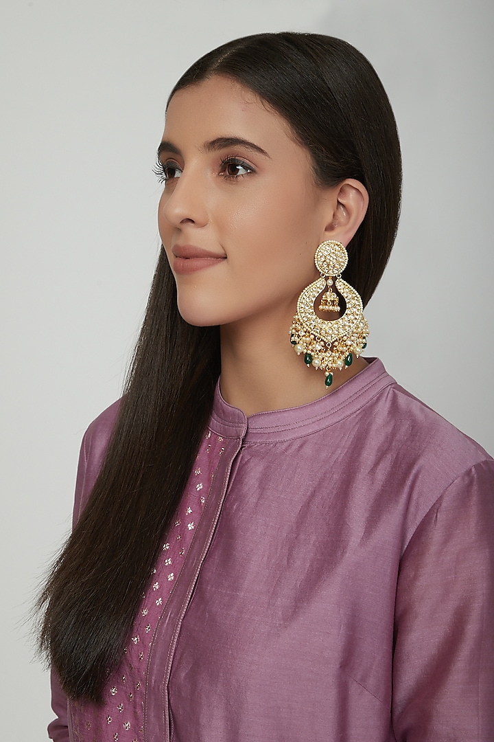 Gold Plated Emerald Onyx Chandbali Earrings by Zevar by Geeta