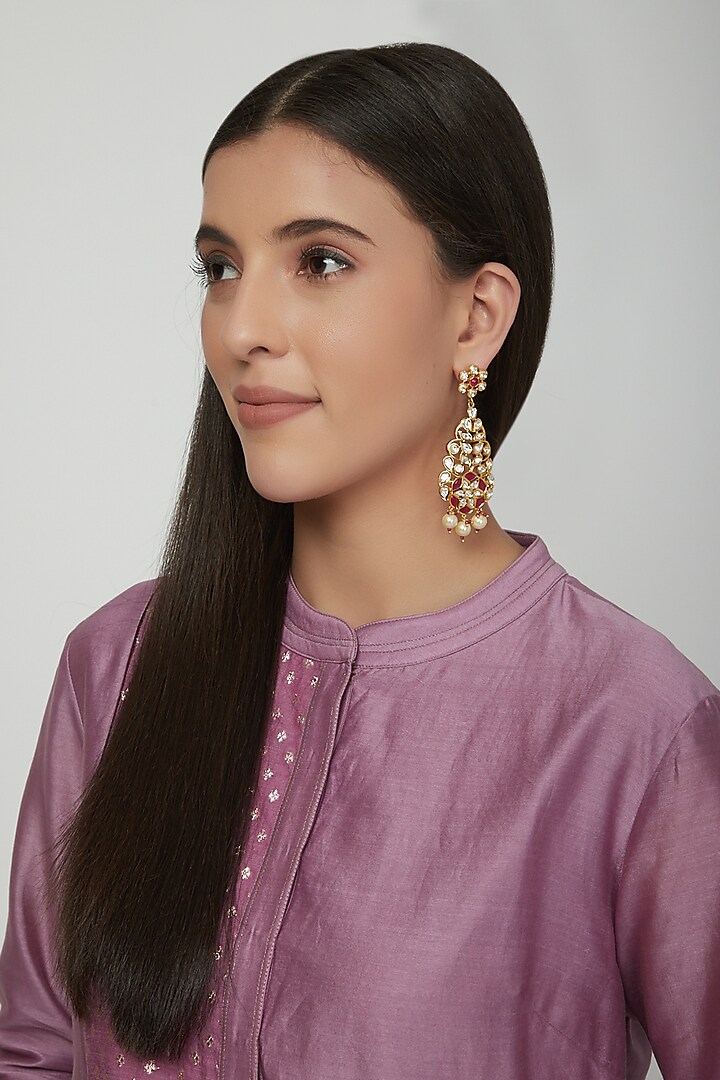 Gold Plated Ruby Drop Earrings by Zevar by Geeta
