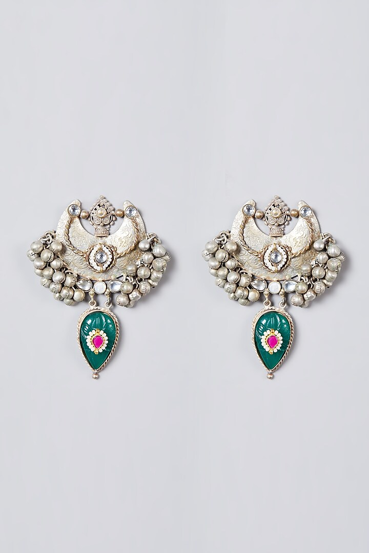 Oxidised Silver Pearl & Kundan Polki Chandbali Earrings by Zevar By Geeta