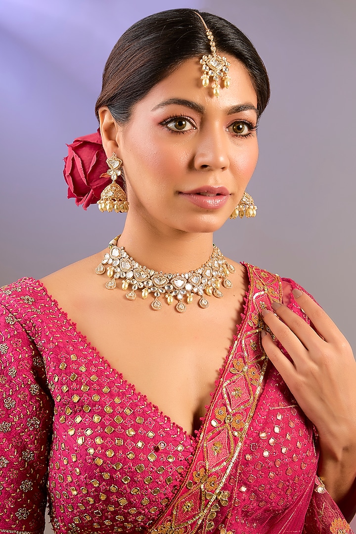 Gold Finish Kundan Polki Necklace Set by Zevar By Geeta at Pernia's Pop Up Shop