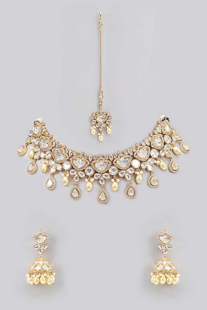 Gold Finish Kundan Polki Necklace Set by Zevar By Geeta at Pernia's Pop Up Shop