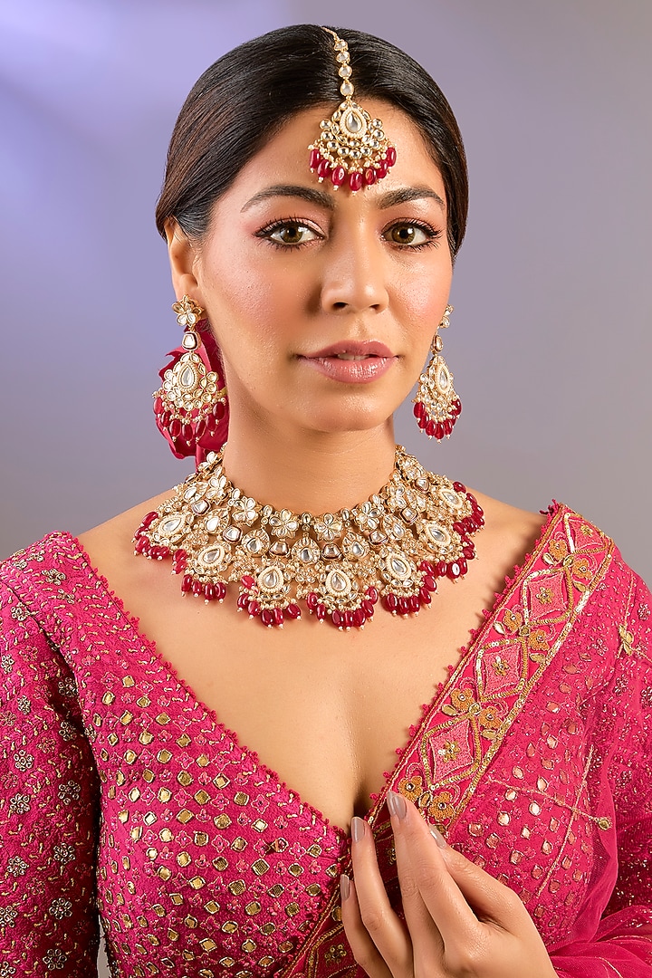 Gold Finish Kundan Polki & Red Stone Necklace Set by Zevar By Geeta at Pernia's Pop Up Shop