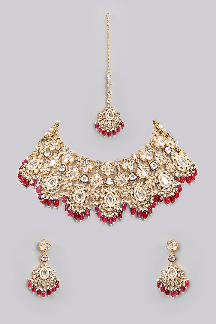 Gold Finish Kundan Polki & Red Stone Necklace Set by Zevar By Geeta at Pernia's Pop Up Shop