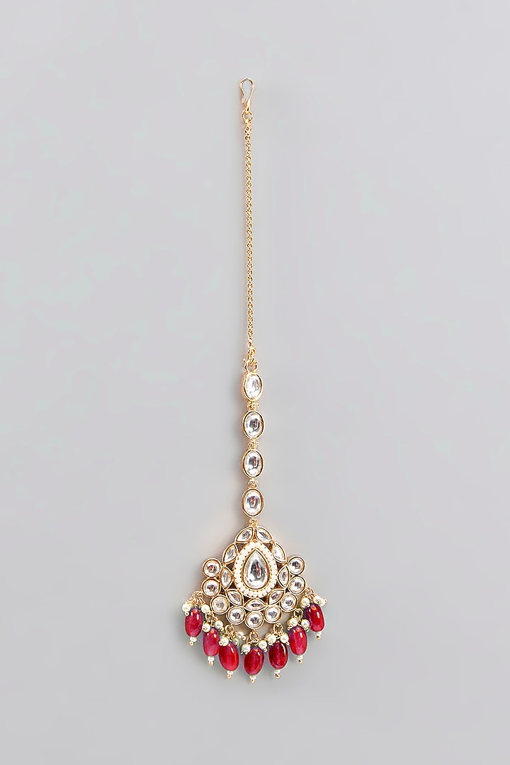 Gold Finish Kundan Polki & Red Stone Necklace Set by Zevar By Geeta at Pernia's Pop Up Shop