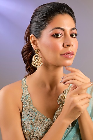 Gold Finish Moissanite Polki Chandbali Earrings by Zevar By Geeta