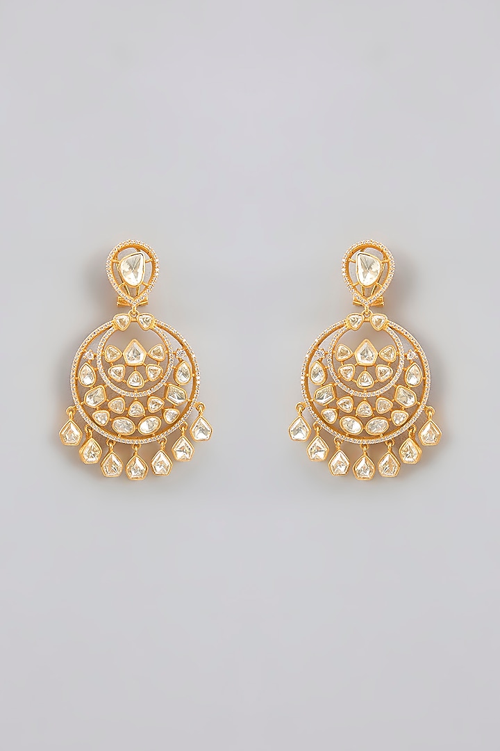 Gold Finish Moissanite Polki Chandbali Earrings by Zevar By Geeta at Pernia's Pop Up Shop