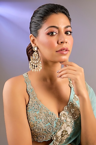 Gold Finish Moissanite Polki Chandbali Earrings by Zevar By Geeta