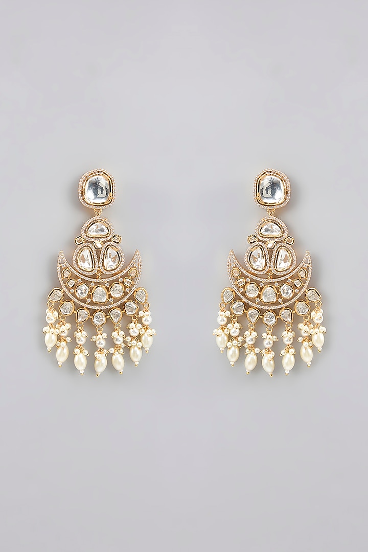 Gold Finish Moissanite Polki Chandbali Earrings by Zevar By Geeta at Pernia's Pop Up Shop