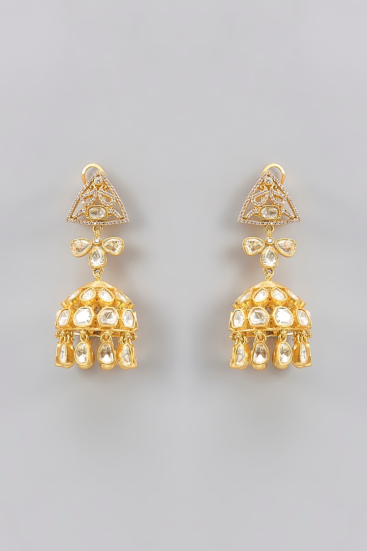 Gold Finish Moissanite Polki Jhumka Earrings by Zevar By Geeta at Pernia's Pop Up Shop