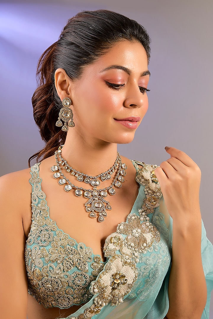 Two Tone Finish Kundan Polki Layered Necklace Set by Zevar By Geeta at Pernia's Pop Up Shop