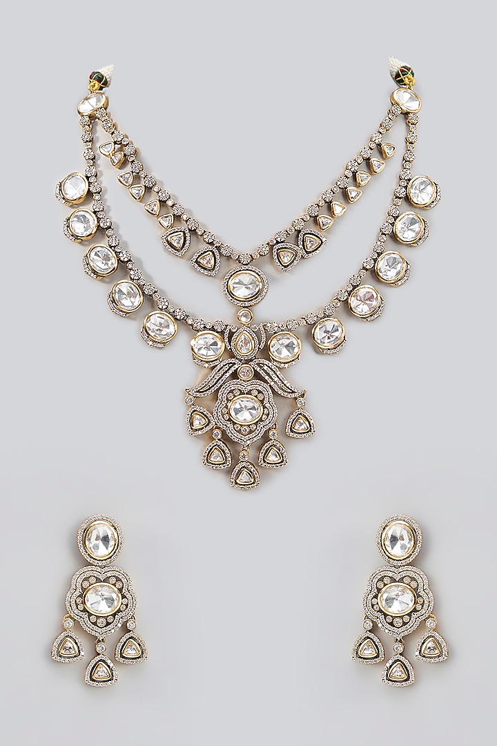 Two Tone Finish Kundan Polki Layered Necklace Set by Zevar By Geeta at Pernia's Pop Up Shop