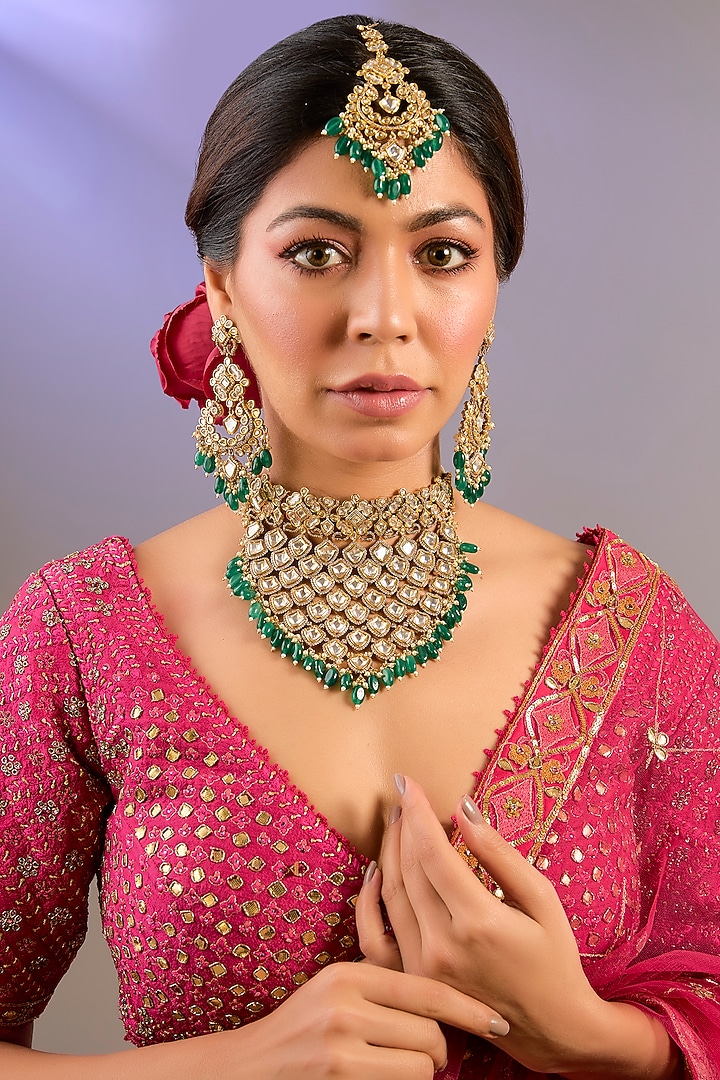Gold Finish Kundan Polki & Green Stone Necklace Set by Zevar By Geeta at Pernia's Pop Up Shop