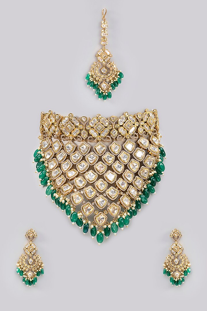 Gold Finish Kundan Polki & Green Stone Necklace Set by Zevar By Geeta at Pernia's Pop Up Shop