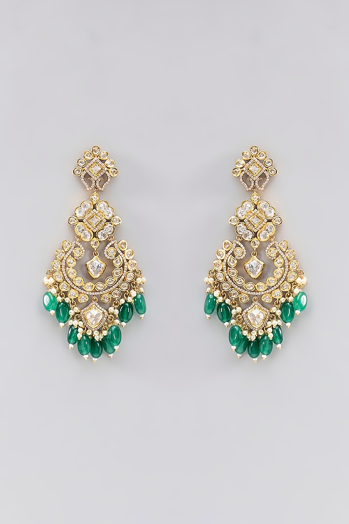 Gold Finish Kundan Polki & Green Stone Necklace Set by Zevar By Geeta at Pernia's Pop Up Shop