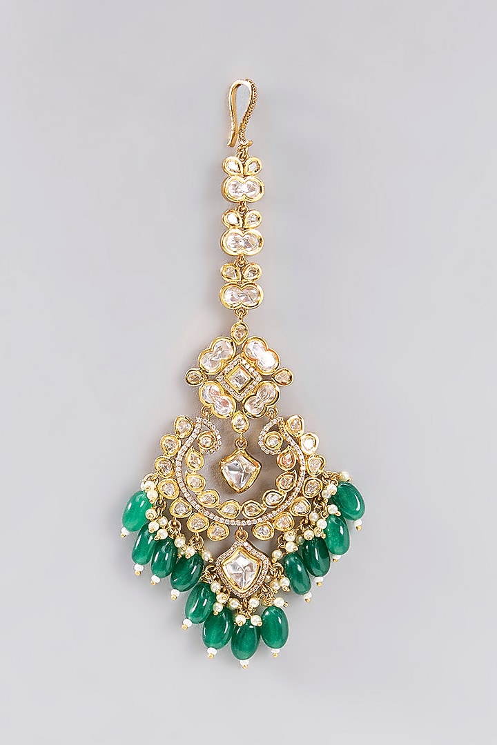 Gold Finish Kundan Polki & Green Stone Necklace Set by Zevar By Geeta at Pernia's Pop Up Shop