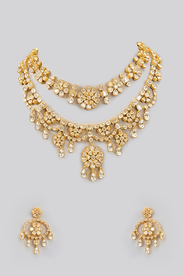 Gold Finish Moissanite Polki Layered Necklace Set by Zevar By Geeta at Pernia's Pop Up Shop