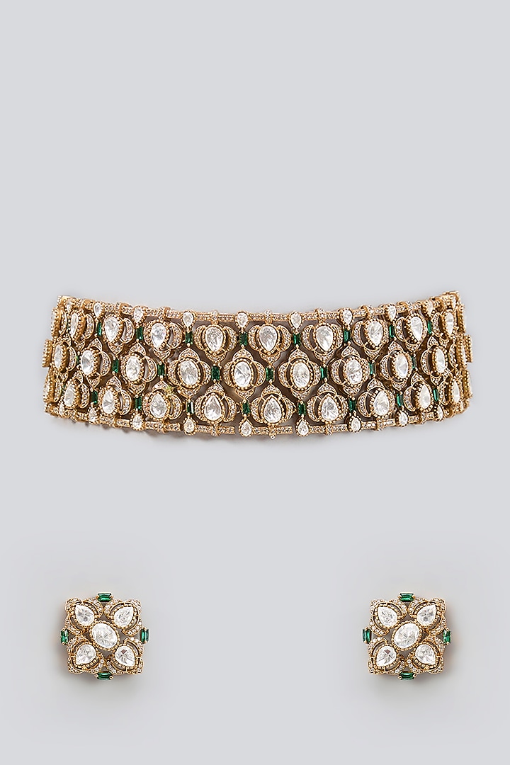Two Tone Finish Moissanite Polki & Green Stone Choker Necklace Set by Zevar By Geeta at Pernia's Pop Up Shop