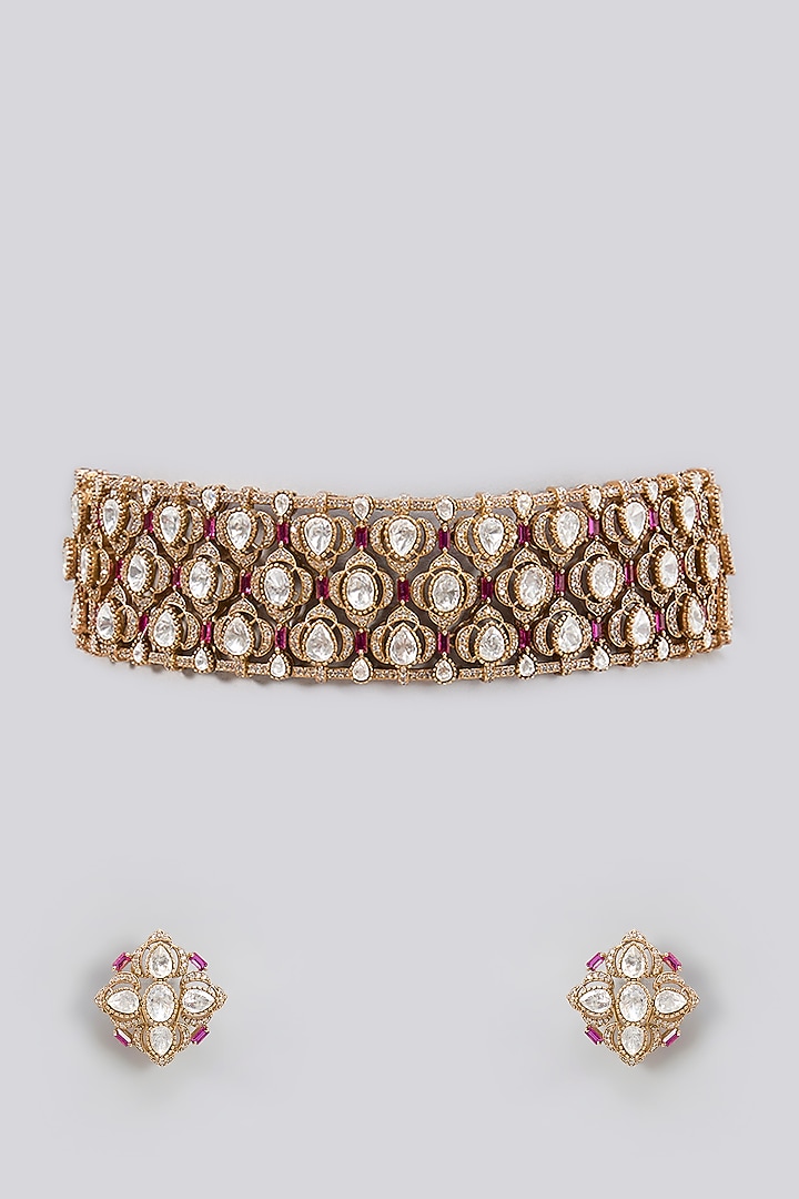 Two Tone Finish Moissanite Polki & Red Stone Choker Necklace Set by Zevar By Geeta at Pernia's Pop Up Shop