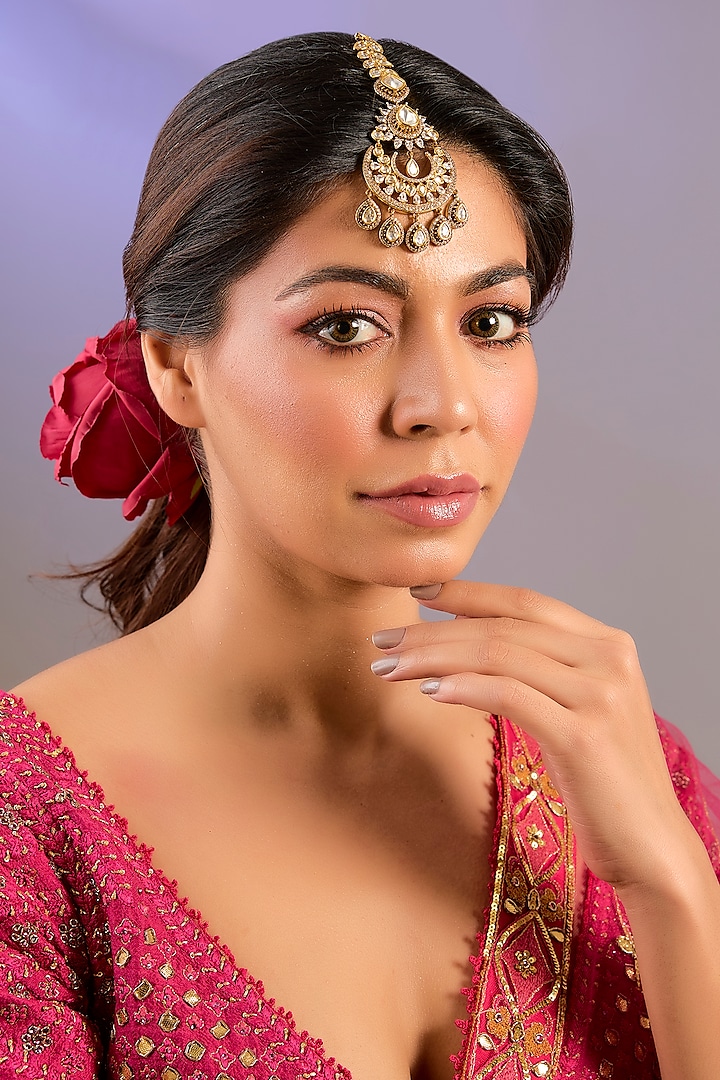 Gold Finish Moissanite Polki Maangtikka by Zevar by Geeta at Pernia's Pop Up Shop