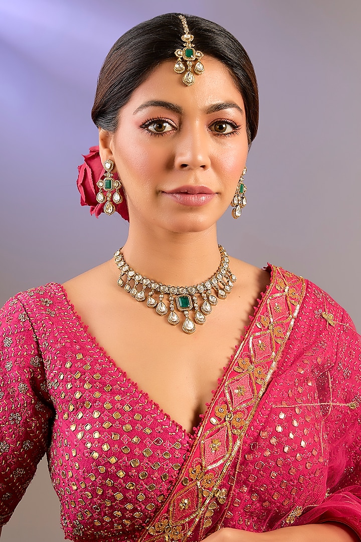 Gold Finish Moissanite Polki & Green Stone Necklace Set by Zevar by Geeta at Pernia's Pop Up Shop