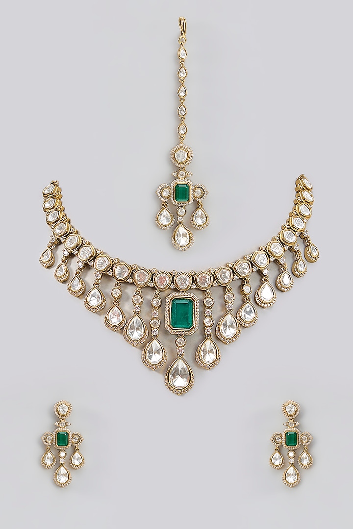 Gold Finish Moissanite Polki & Green Stone Necklace Set by Zevar by Geeta at Pernia's Pop Up Shop