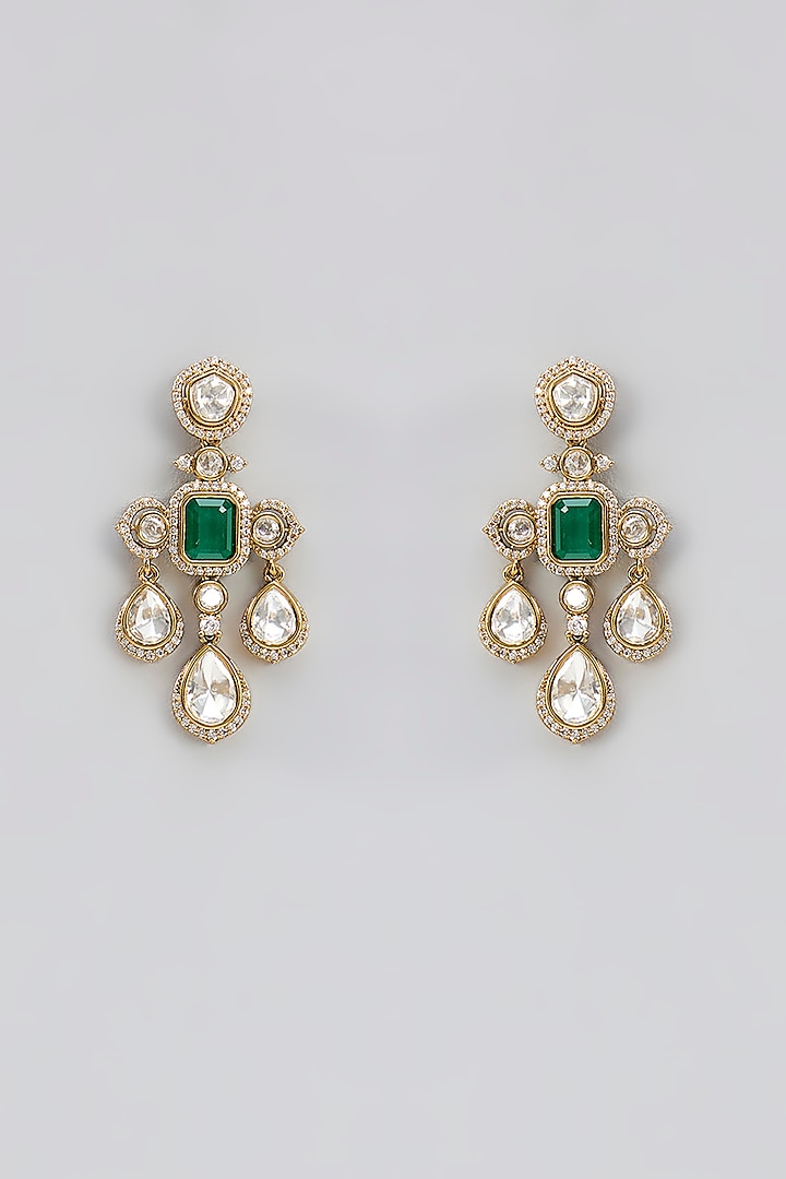 Gold Finish Moissanite Polki & Green Stone Necklace Set by Zevar by Geeta at Pernia's Pop Up Shop
