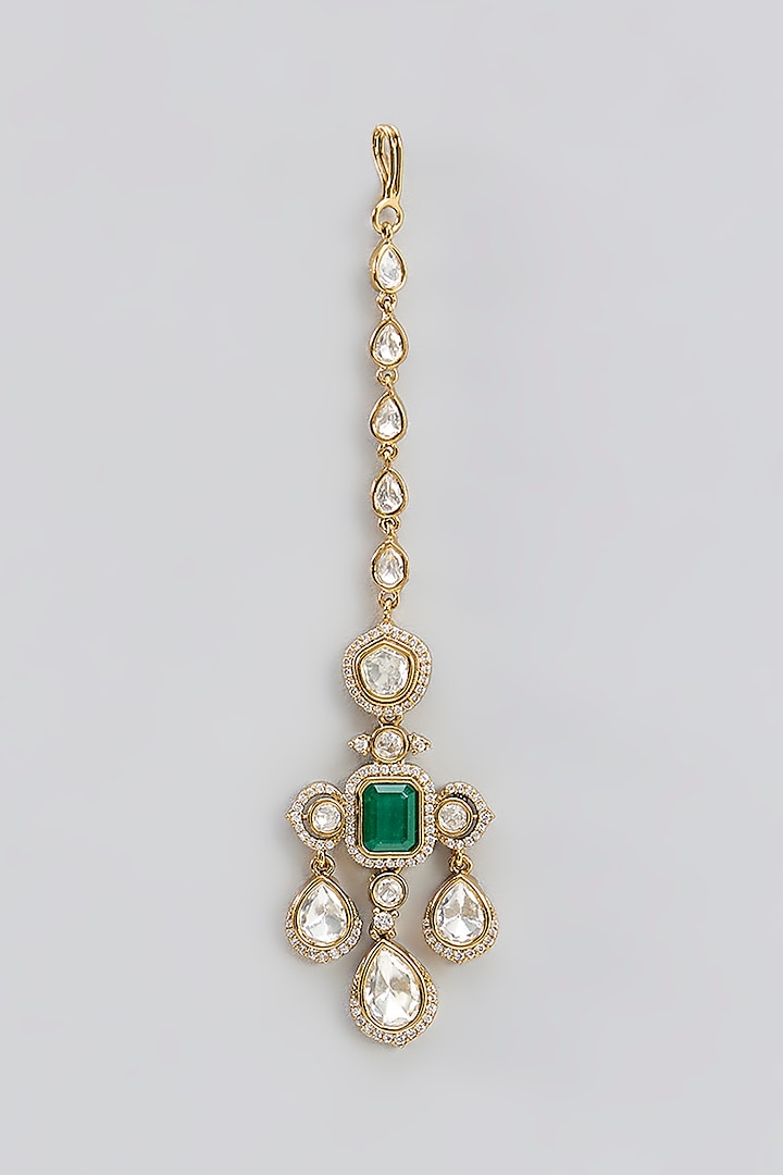 Gold Finish Moissanite Polki & Green Stone Necklace Set by Zevar by Geeta at Pernia's Pop Up Shop