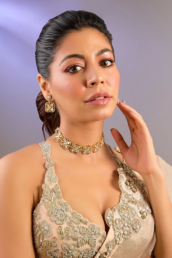 Gold Finish Moissanite Polki Choker Necklace Set by Zevar by Geeta at Pernia's Pop Up Shop