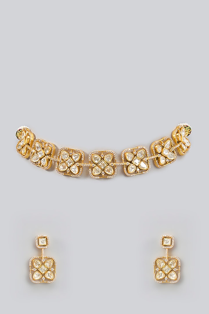 Gold Finish Moissanite Polki Choker Necklace Set by Zevar by Geeta at Pernia's Pop Up Shop
