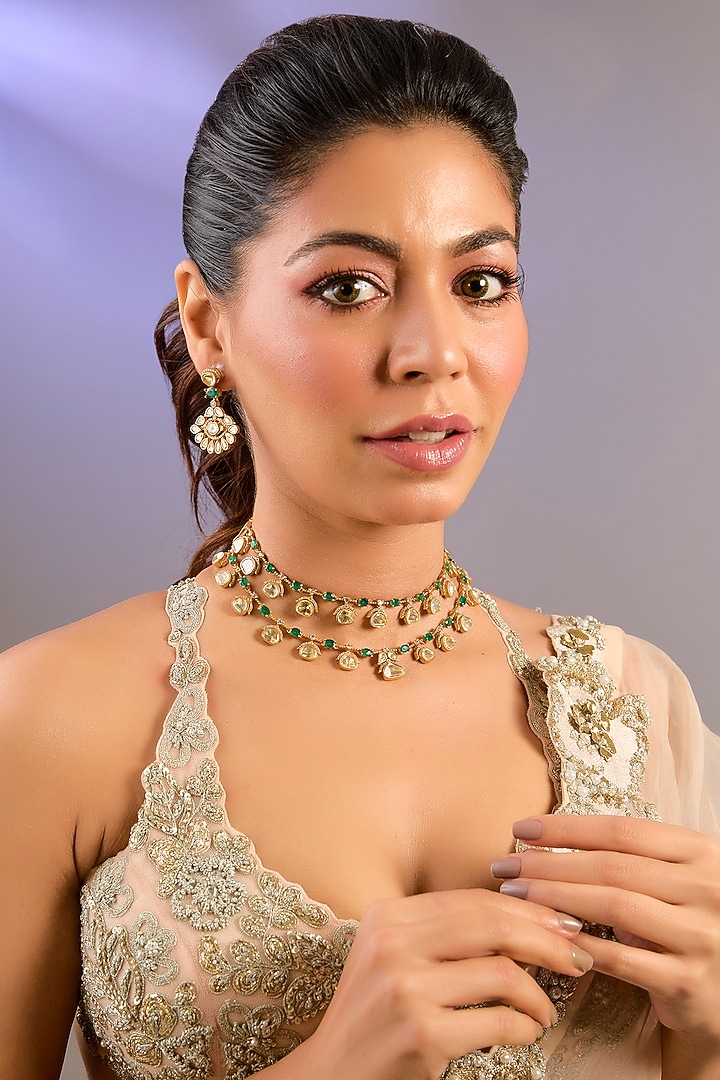 Gold Finish Moissanite Polki & Green Stone Layered Necklace Set by Zevar by Geeta at Pernia's Pop Up Shop