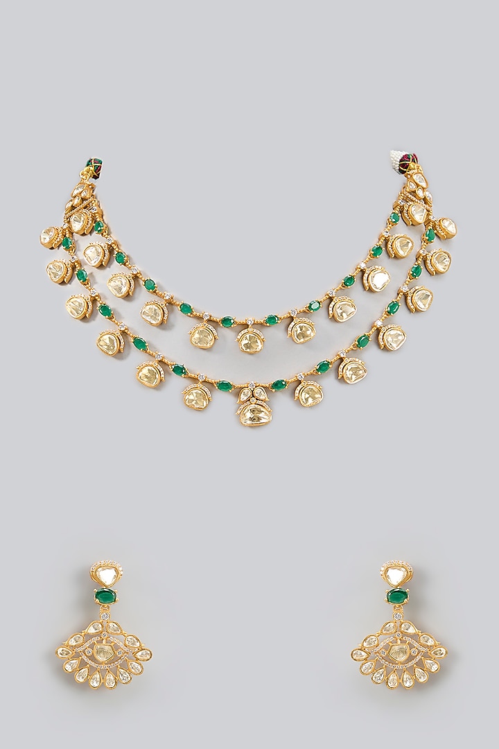 Gold Finish Moissanite Polki & Green Stone Layered Necklace Set by Zevar by Geeta at Pernia's Pop Up Shop