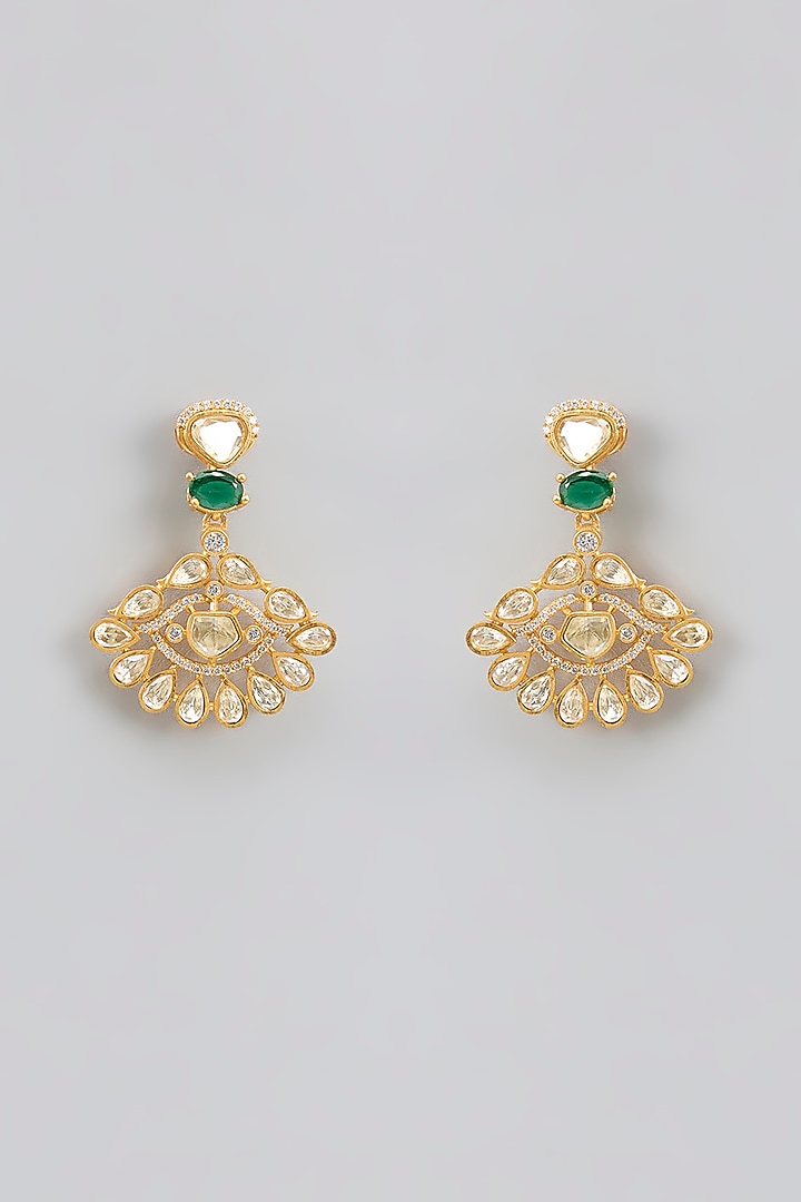 Gold Finish Moissanite Polki & Green Stone Layered Necklace Set by Zevar by Geeta at Pernia's Pop Up Shop