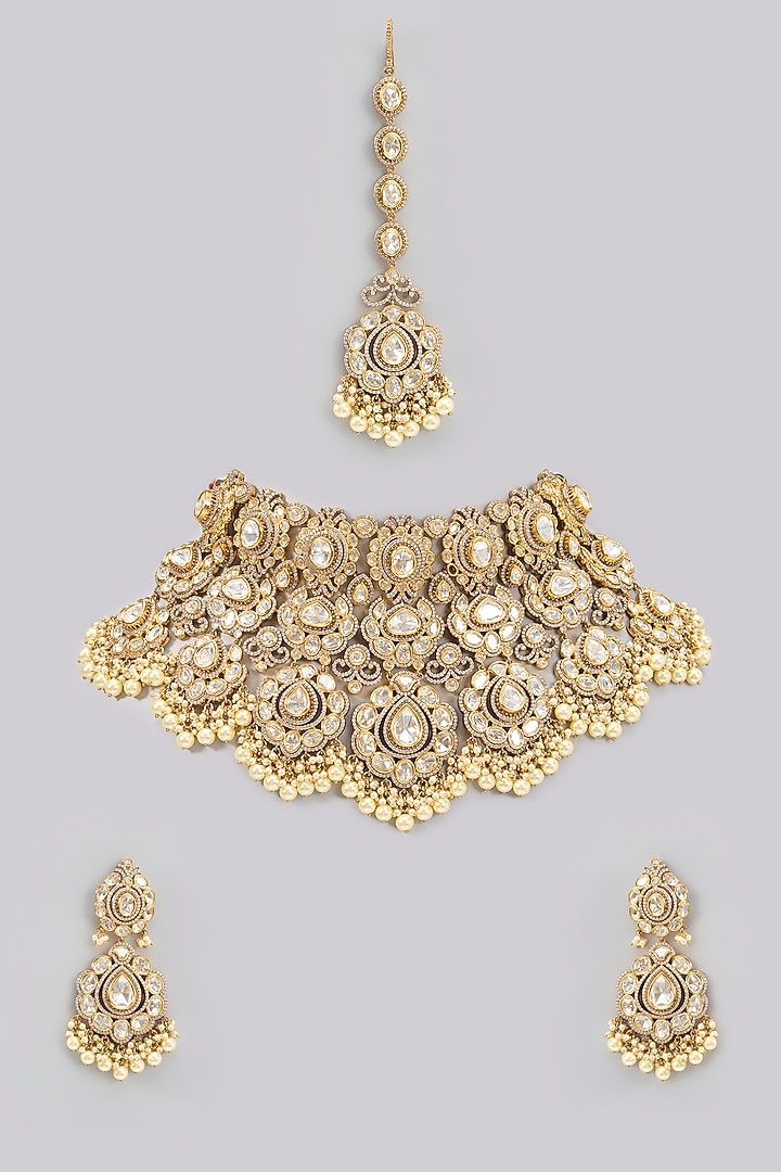 Gold Finish Kundan Polki Necklace Set by Zevar by Geeta at Pernia's Pop Up Shop