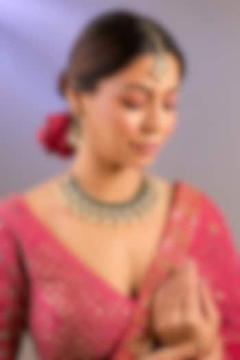 Gold Finish Moissanite Polki & Green Stone Necklace Set by Zevar by Geeta at Pernia's Pop Up Shop