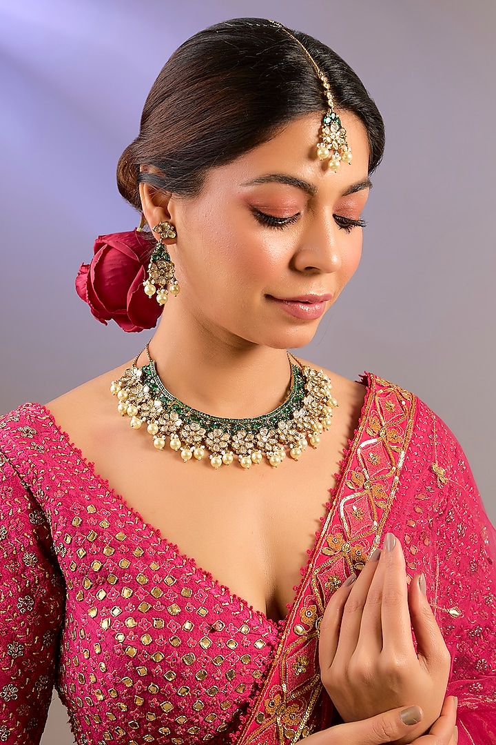 Gold Finish Moissanite Polki & Green Stone Necklace Set by Zevar by Geeta at Pernia's Pop Up Shop