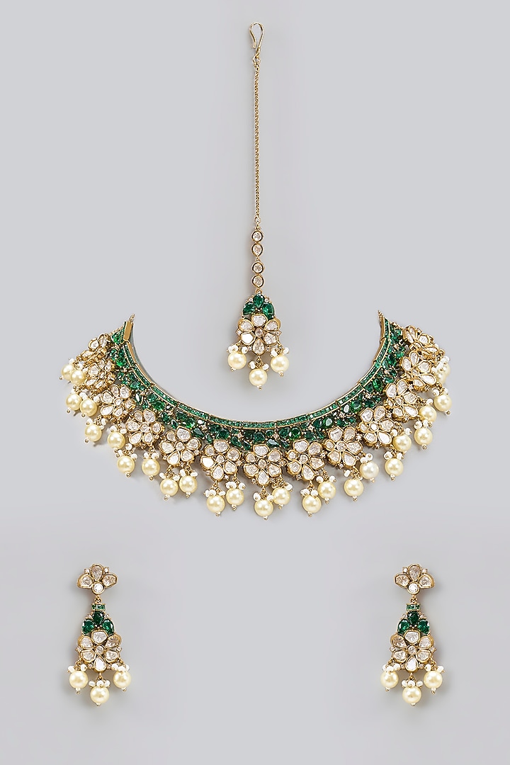 Gold Finish Moissanite Polki & Green Stone Necklace Set by Zevar by Geeta at Pernia's Pop Up Shop