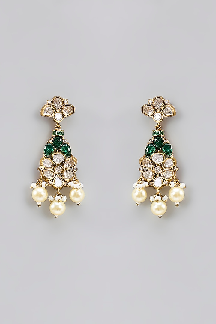 Gold Finish Moissanite Polki & Green Stone Necklace Set by Zevar by Geeta at Pernia's Pop Up Shop