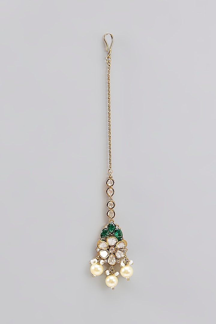 Gold Finish Moissanite Polki & Green Stone Necklace Set by Zevar by Geeta at Pernia's Pop Up Shop